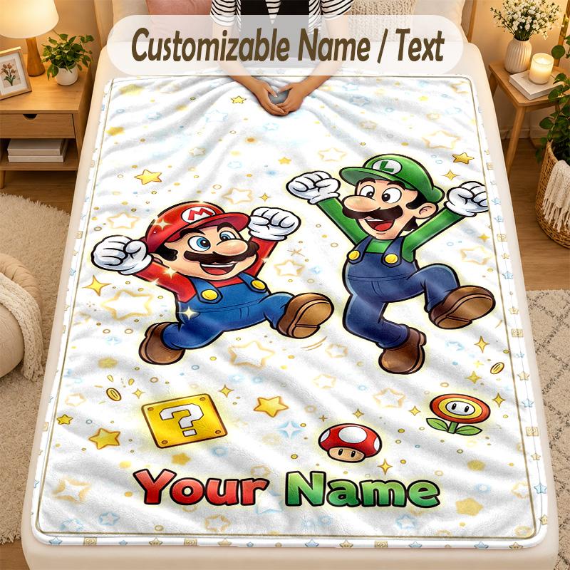 Flannel BlanketSuper Mario Custom Name Text Personalized Soft Warm Throw Blanket Home Decor Gift