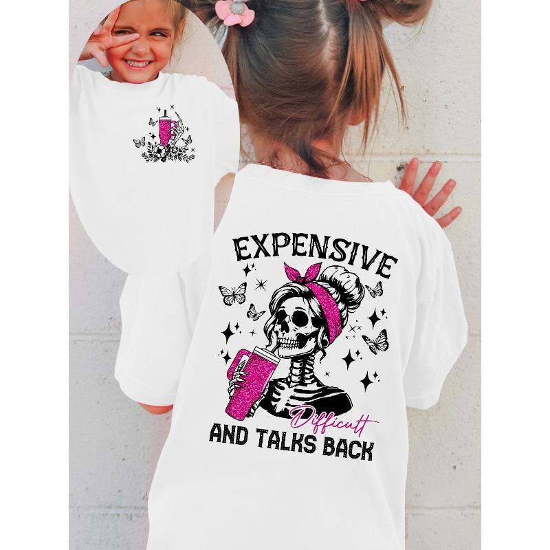 Girls Crew Neck Short Sleeve T-Shirt with Skeleton Girl Drinking Water Print 110 белый