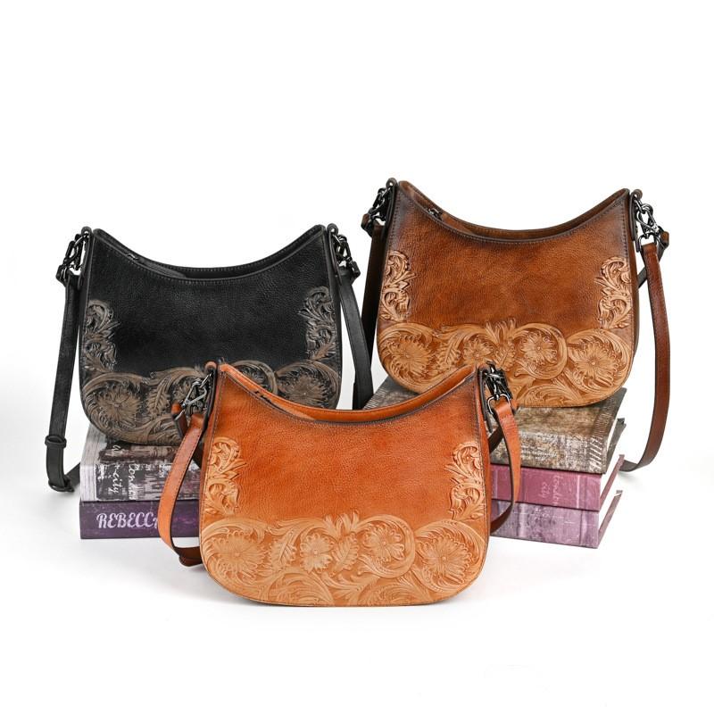 Johnature Retro Embossed Shoulder Bags Genuine Leather Women's Bag Versatile Cowhide Handmade Handbag