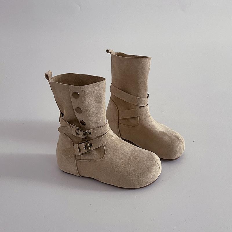 

2025 autumn and winter round head inner height increase belt buckle medium tube Martin boots women s retro suede sleeve elegant fashion boots 40