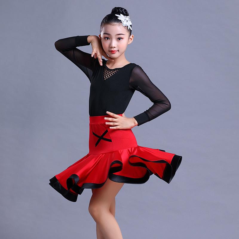 Girls' Exam Grade Latin Dance Costume Set - Long Sleeve Jumpsuit with Skirt for Autumn Practice