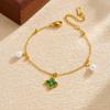Gold Plated Clover Emerald Cubic Zirconia Pearl Bracelet
