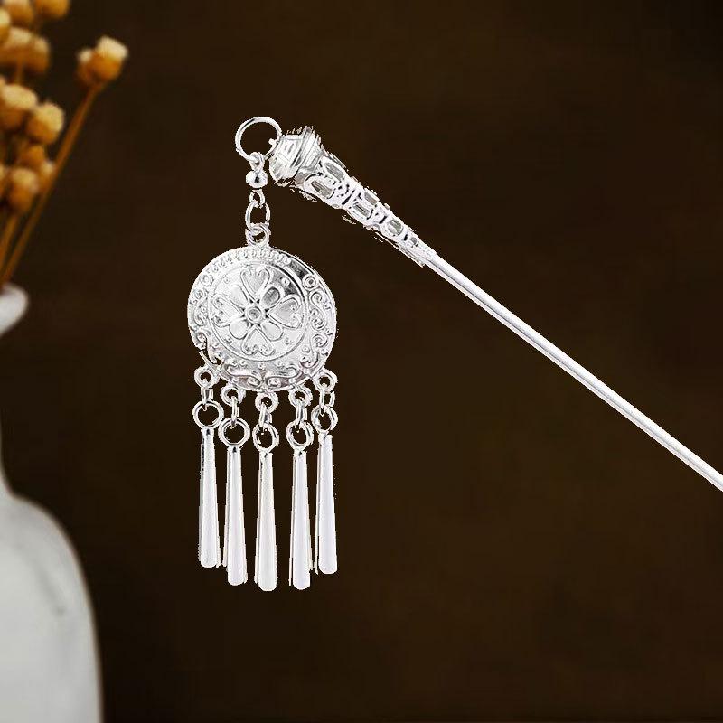 Turquoise Tassel Hanfu Hairpin with Hollow Flower Design