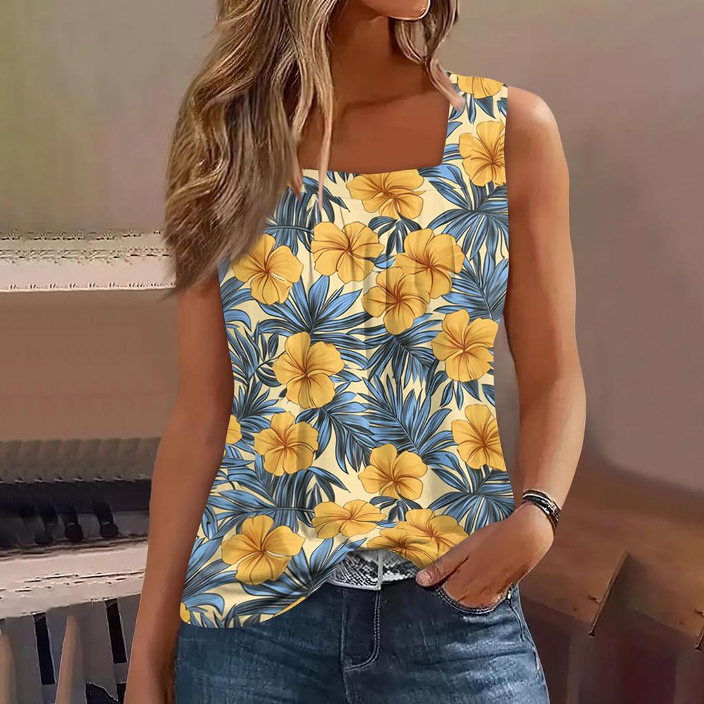 Dámské letní ležérní plisované tílko bez rukávů se čtvercovým výstřihem s potiskem