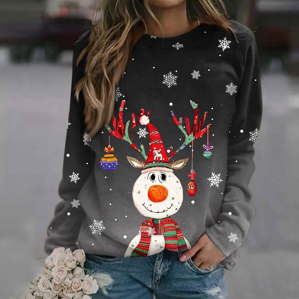 Women's Fashion Casual Long Sleeve Christmas Printed Neck Sweatshirt Top