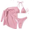 2026 Summer Halter Bikini 3 Pieces Women Special Material Sexy Thong Swimwear With Sarong Skirt White/Black/Pink/Green Beachwear