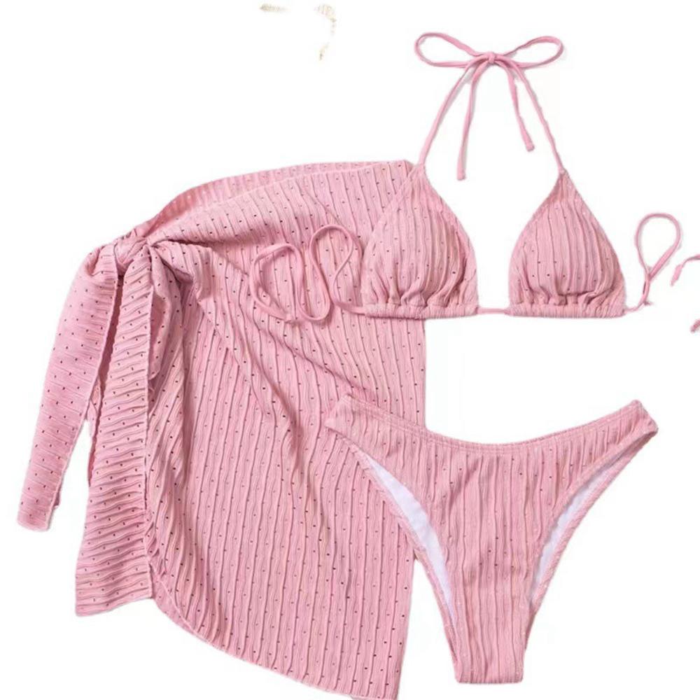 2026 Summer Halter Bikini 3 Pieces Women Special Material Sexy Thong Swimwear With Sarong Skirt White/Black/Pink/Green Beachwear