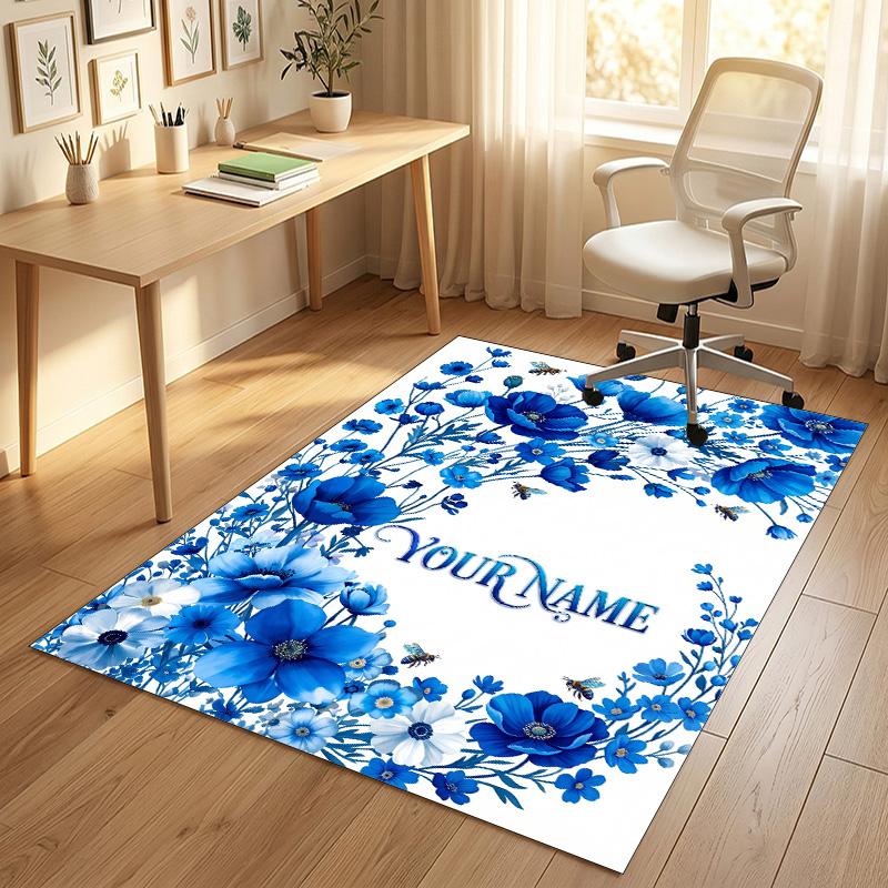 Floral Garden Theme Crystal Velvet Rug Personalized Custom Name Text Soft Floor Mat Home Decor