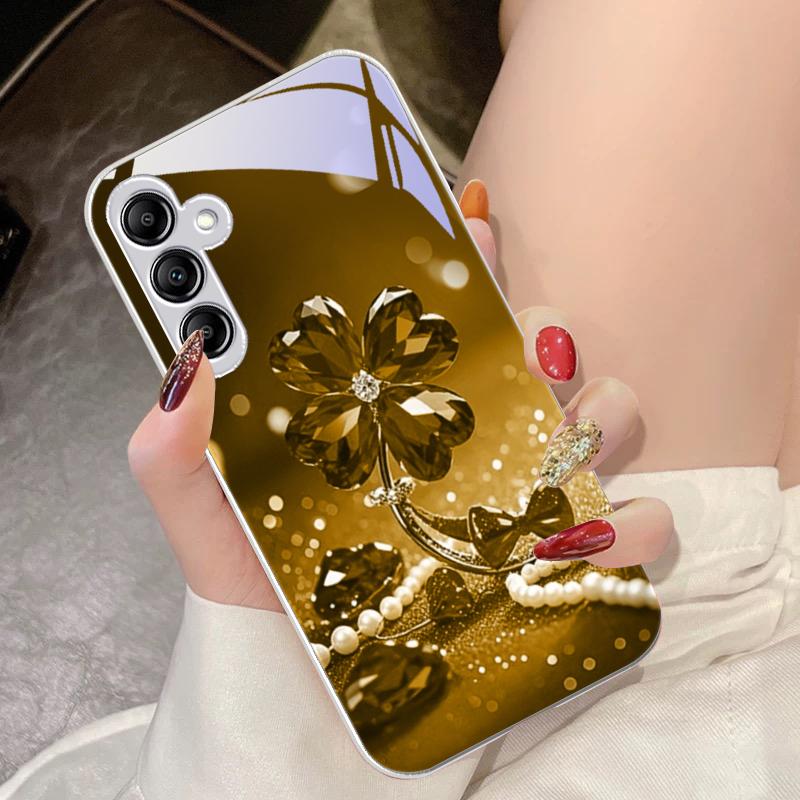 Lucky Four Leaf Flower For Samsung Galaxy A14 4G 20 30 52 20S 21S 22 A32 33 34 42 50 51 53 54 70 71 72 73 5G Glass Phone Case