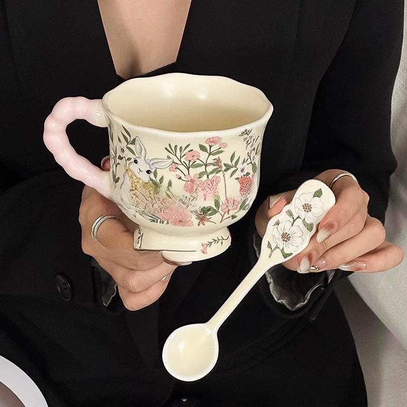 Large Ceramic Mug with Cute Rabbit and Flowers Design, Lid, and Spoon
