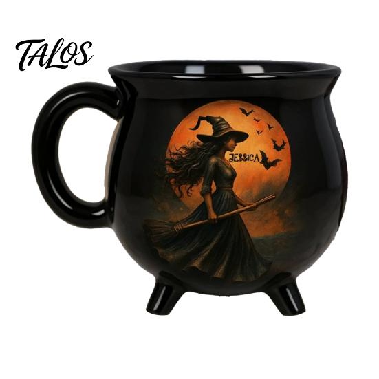 Magische Hexerei Wohnkultur Halloween Hexe Hexenkessel Tasse, 350ml Vintage Gotisch Dreibeiniger Zaubertopf, Tasse für Kaffee Schwarze Katze Keramiktasse Und A black