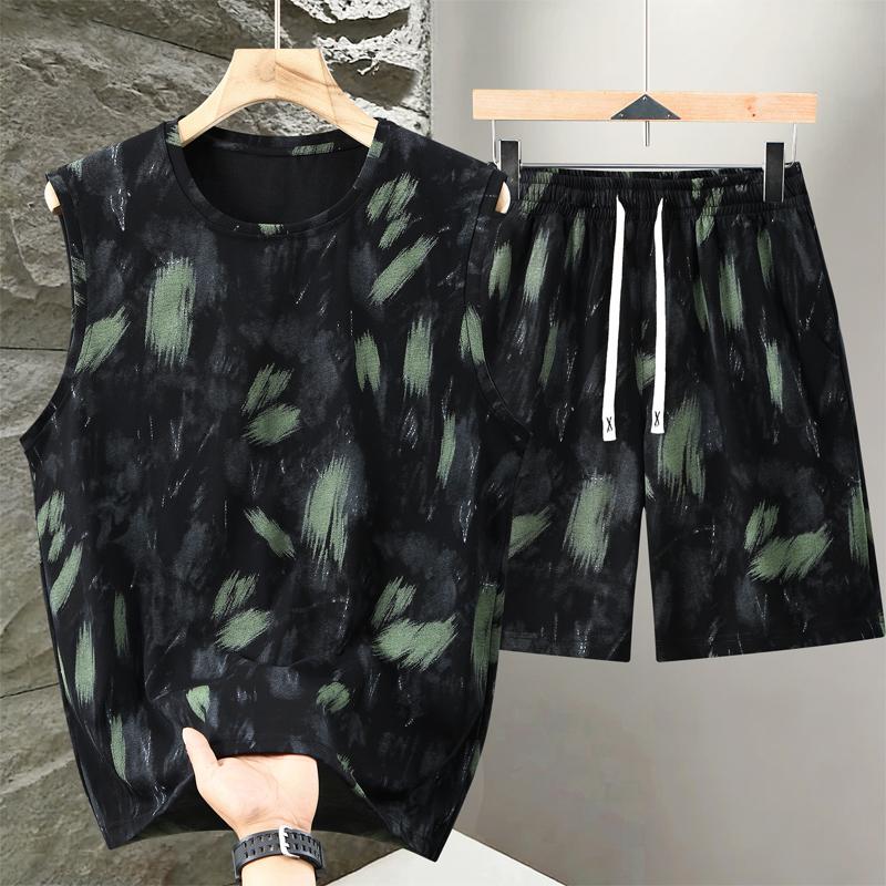 Men's Plus Size Tie Dye 2-Piece Outfit – Sleeveless Tank Top & Shorts Set (Sizes 5XL-11XL) Cotton Blend Summer Casual Wear