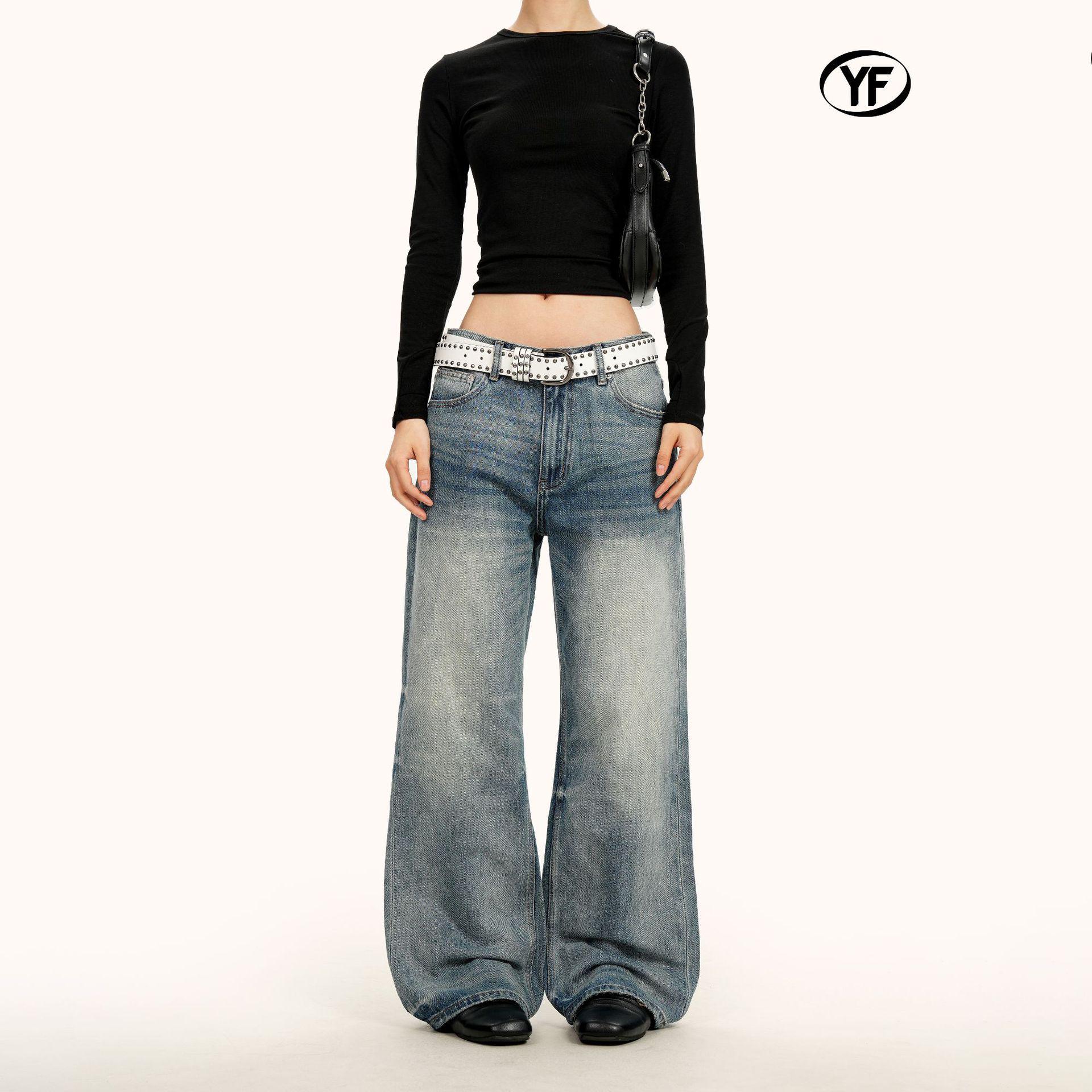 Yongfang Unisex Retro Washed Blue Wide-Leg Jeans: Versatile, Loose, Frayed, Trendy Straight-Leg Pants M