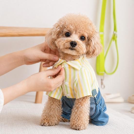 Huaqianguhh Striped Shirt Pet Jumpsuit, Four-Legged Dog Clothes, Denim Pants Outfit, Stylish Onesie Clothes for Small Dogs