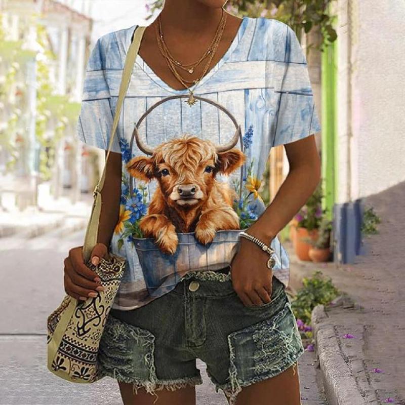 Animal Women's T Shirt Summer Casual Short Sleeve Top Cute Calf Pattern 3d Print Street Fashion V-Neck Female Harajuku Clothing