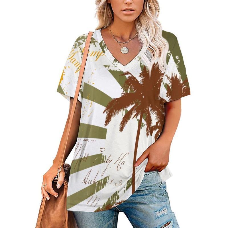 Sommermode 3D Floral bedruckte T-Shirts Damenbekleidung T-Shirt Tops Damen Casual Kurzarm V-Ausschnitt Tops Lockere Bluse