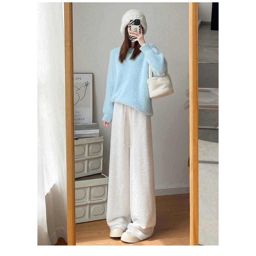 Dámské kalhoty s širokými nohavicemi s duhovými puntíky na podzim a zimu, kalhoty z lepkavé rýže s vysokým pasem a splývavým efektem, ležérní rovné trubkové silné vlněné kalhoty