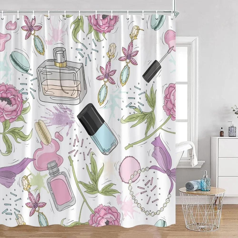 Pink Perfume Shower Curtain Cosmetic Lip Flower Panther Pattern Bathroom Decorations Shower Curtain