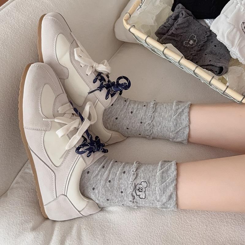 Embroidered Bear Socks, Girls' Autumn Cartoon Cute Mid-calf Socks, Bubble Mouth Polka Dot Socks, Boneless Pile Socks