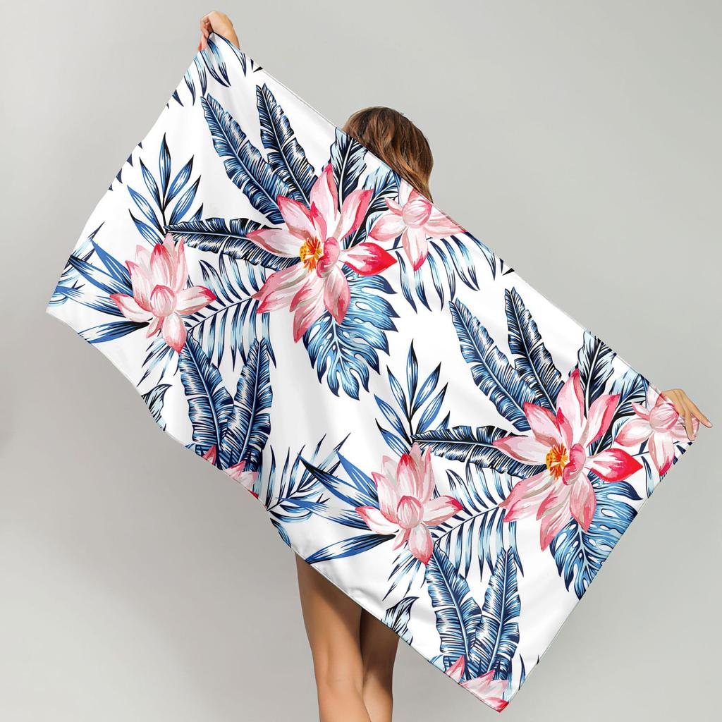 Elegant Green White Floral Beach Towel Polyester Quick Dry Sand Free Swimming Bath Towel For Women Summer Pool Vacation Travel