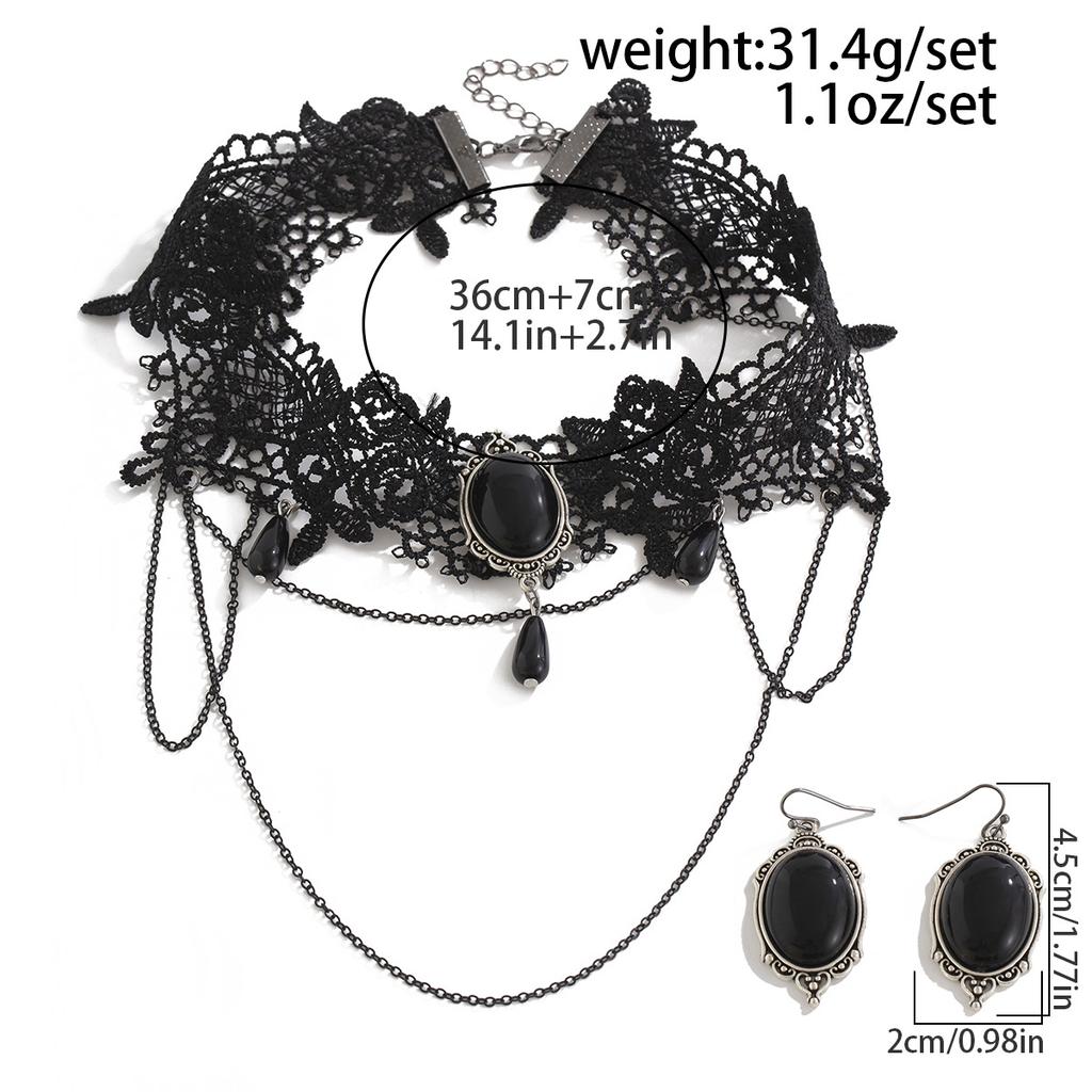 Gothic Dark Gem Water Drop Fringed Necklace Female, Sweet Cool Black Lace Collar Choker