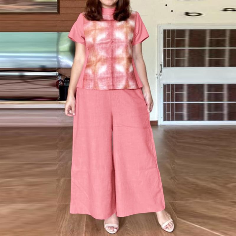 

ZANZEA Women Short Sleeve Plaid Print Blouse and Pants Casual Two Piece Suit Sets S розовый