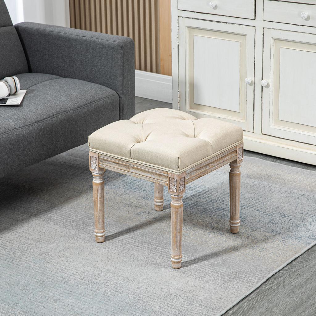 Footstool/Ottoman, Linen-Look Fabric, Rubberwood Legs, 40 x 40 x 43 cm, Beige