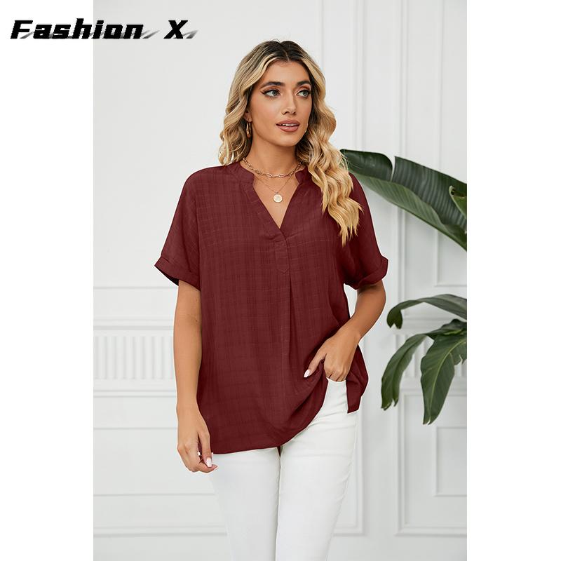 Ladies Fashion T-shirt V-neck Casual Pullover Blouse Women Loose Blouse Tops Women