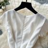 French high-end V-neck small flying sleeves with diamonds, bow waist temperament dress, women's summer thin pleated skirt