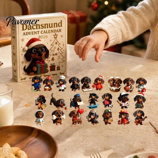 Home Holiday Atmosphere Decor 2026 Dachshund Advent Calendar, 24 Days 3D Collectible Dog Figures, Miniature Set Puppy Ornaments Christmas Countdown