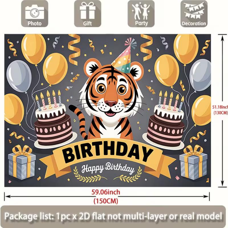2D Animal Themed Birthday Backdrop, Cute Tiger "Happy Birthday" Photography Background