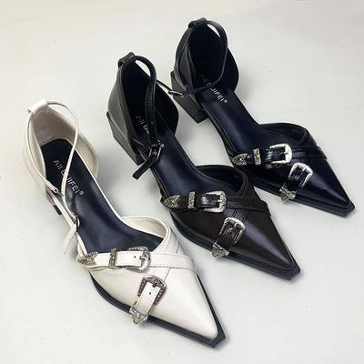 Ankle Buckle Strap Women 4cm Heels Pumps Shoes Female Shallow Footwear Pointed Toe Ladies Medium Square Heels Shoes