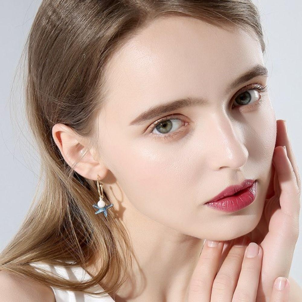 Blue Pearl  Earrings Zinc Zinc Alloy Dangle Earrings Drip Glaze Ear Accessories  Beach Party