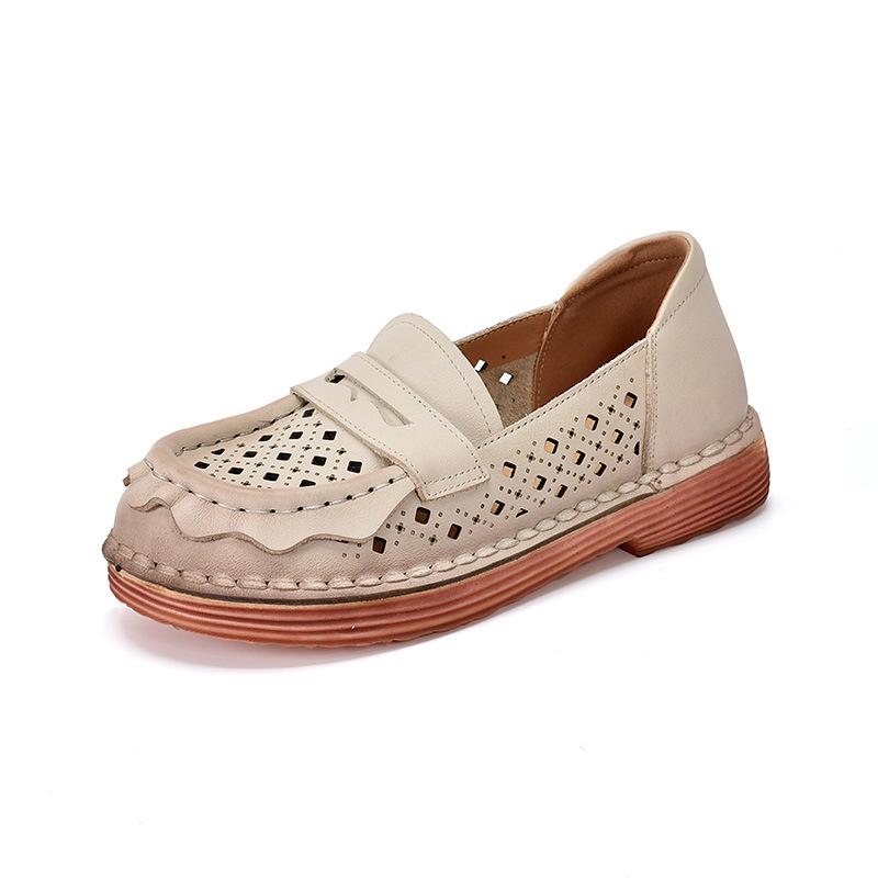 Women s Retro Breathable Genuine Leather Flats - Soft Sole, Perforated Flat Heel, Spring/Summer Style 36 абрикосовый