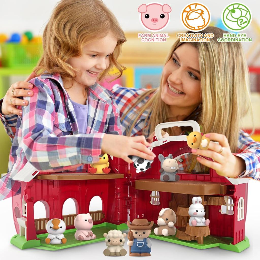 Farm Animals Big Barn Toy for 1 2 3 Year Old, Toddler Educational Montessori Toys, Farm Pretend Playset with Barn & Farmer, Christmas Birthday Easter