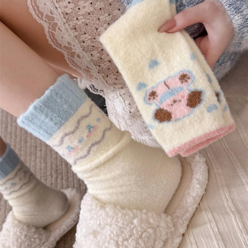 Female Autumn and Winter Thickened Warm Love Cute Cartoon Dog Home Floor Sleep Tube Stack Socks