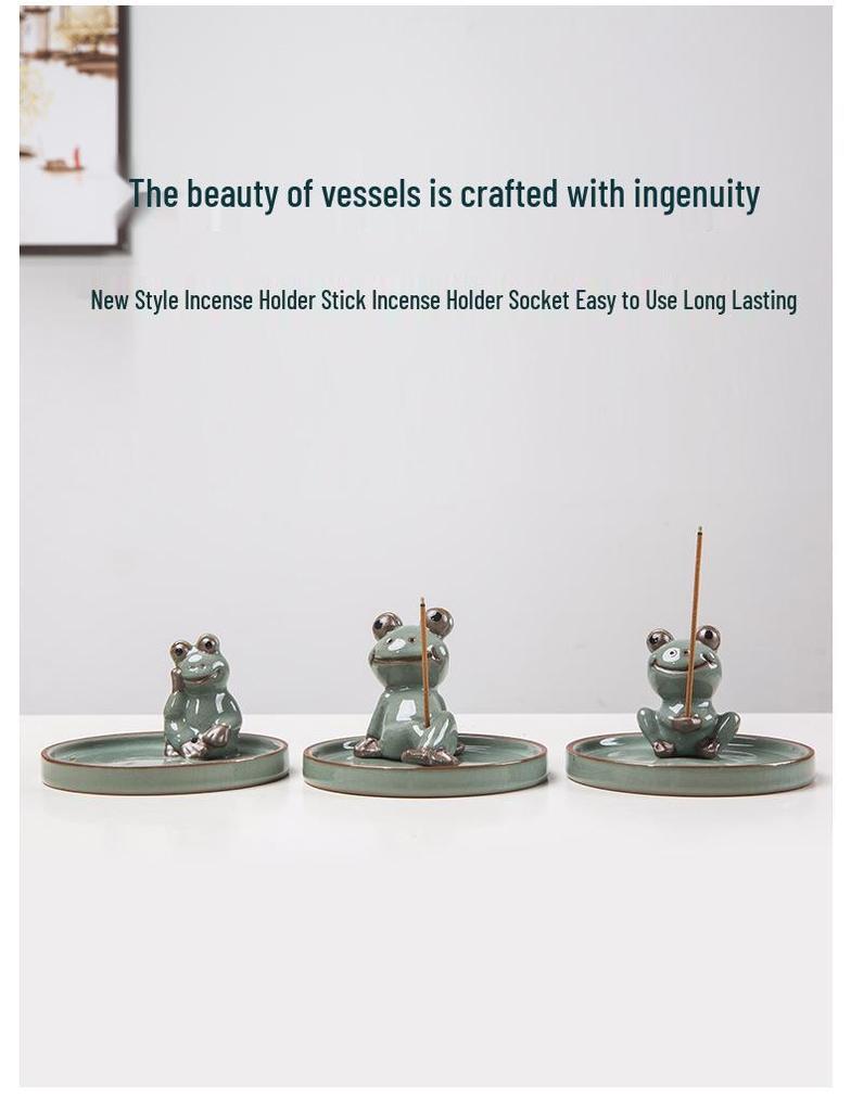 Zen Frog Ceramic Incense Burner and Holder - Ge Kiln Style for Home or Office Decor