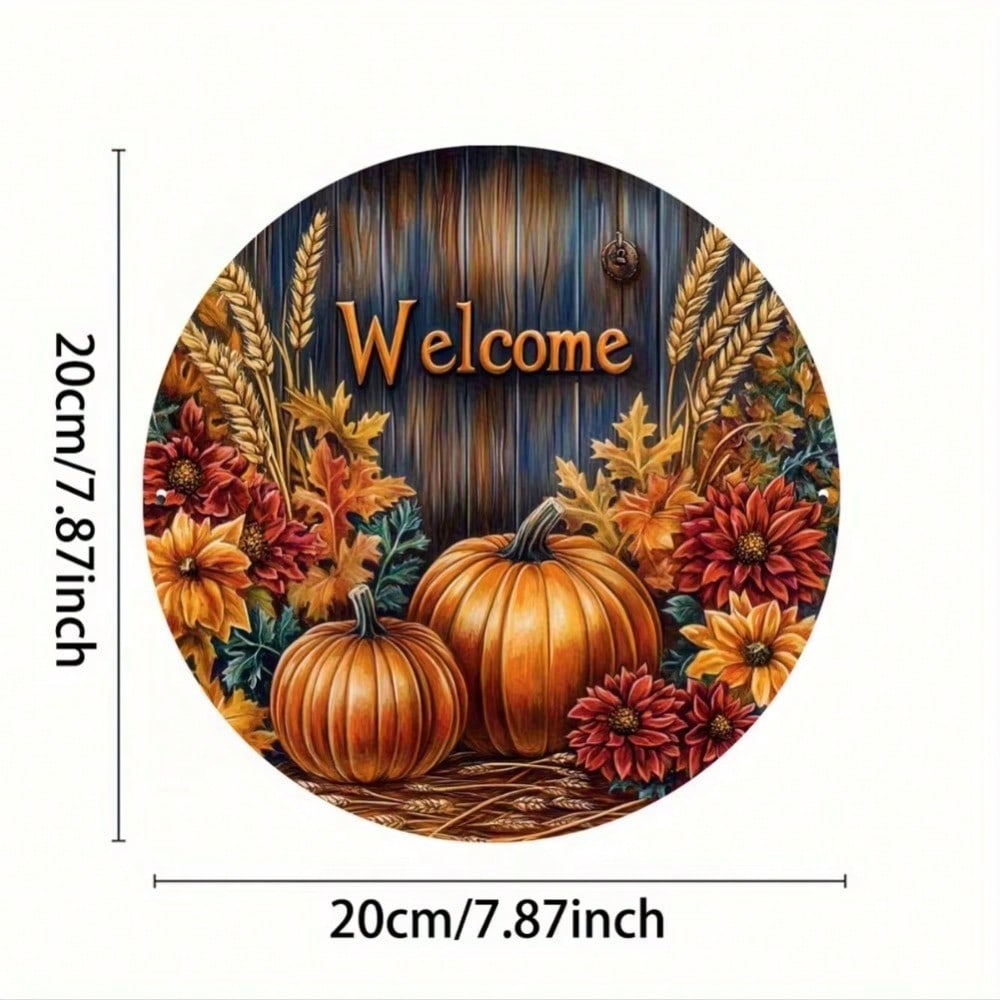 

Aluminum Welcome Sign Autumn Harvest Pumpkin Leaf Wall Decor Metal Plate 20x20
