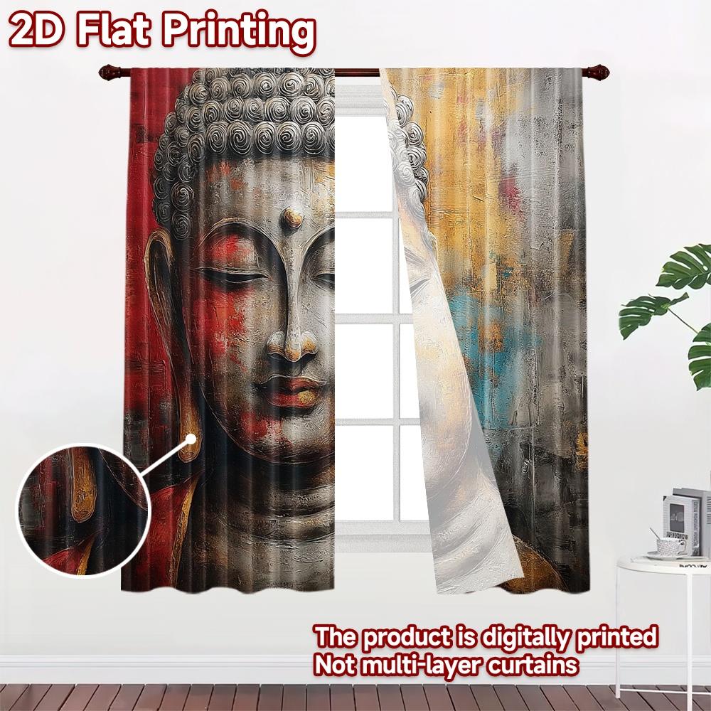 2D Flachdruck 2 Stück Vorhang Party Fenster Vorhänge Buddha mit buntem Hintergrund Digital Bedruckt Polyester Vorhänge Festlich