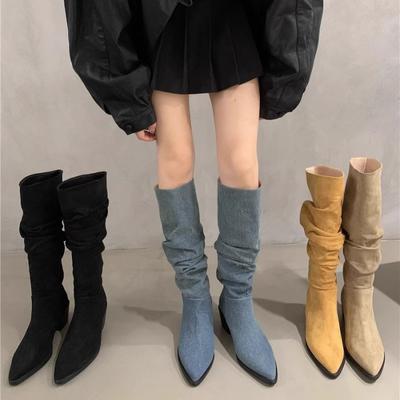 Fashion Winter New Long Boots Women's Thin Heel Pointed Spicy Girl Style Thick Heeled Pointed Western Cowboy Boots 2024