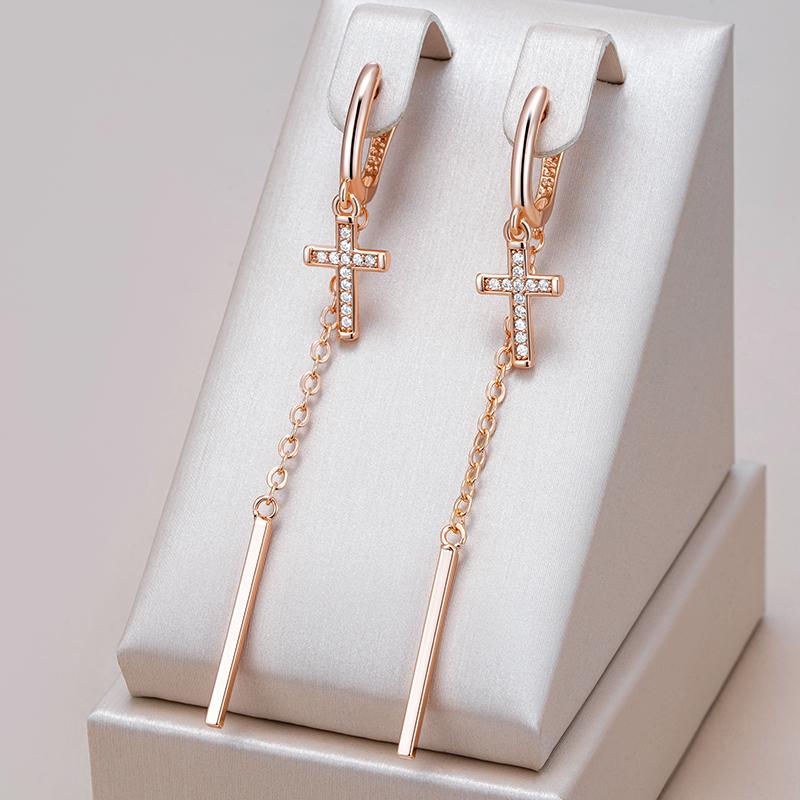 Trendige lange Quaste Kreuz Hängeohrringe für Damen Mode Roségold Farbe Mit Natürlichem Zirkon Feiner Tägliche Schmuckstücke
