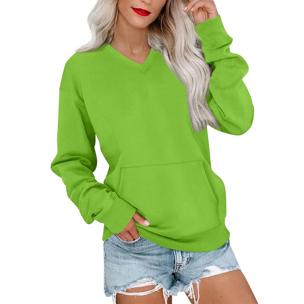 Women's Casual Fashion Solid Color V-Neck Long Sleeve Sweatshirt Lightweight Pullover With Pockets Warm Sweatshirt