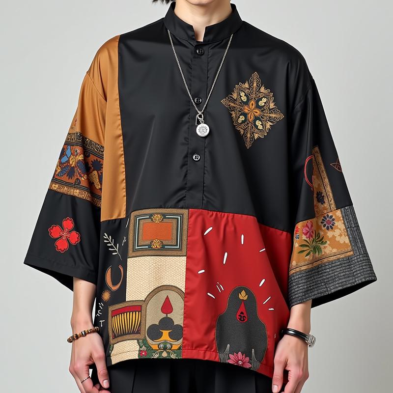 

INCERUN Men Vintage Stand Neck 3/4 Sleeve Print Casual Patchwork T-shirts Tops M чёрный