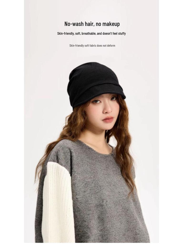 Women's 2023 Small Brim Stacked Beanie: Autumn/Winter Head-Wrapping Wool Hat for a Slimmer Look