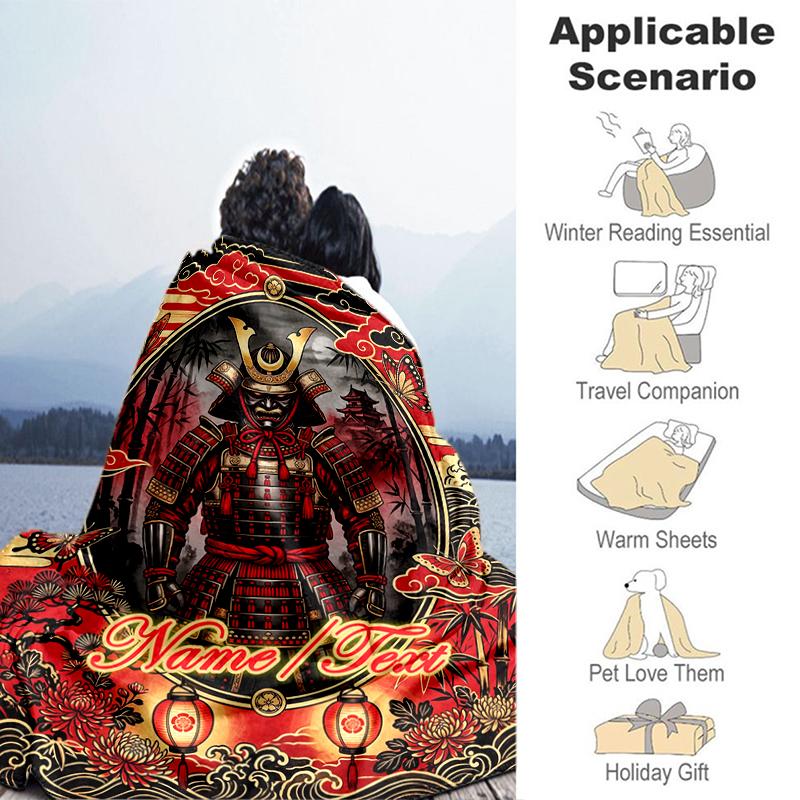 1PC Custom Name Samurai Armor flannel blanket versatile,all-season throw suitable for the living room,bedroom,camping,travel,and gift