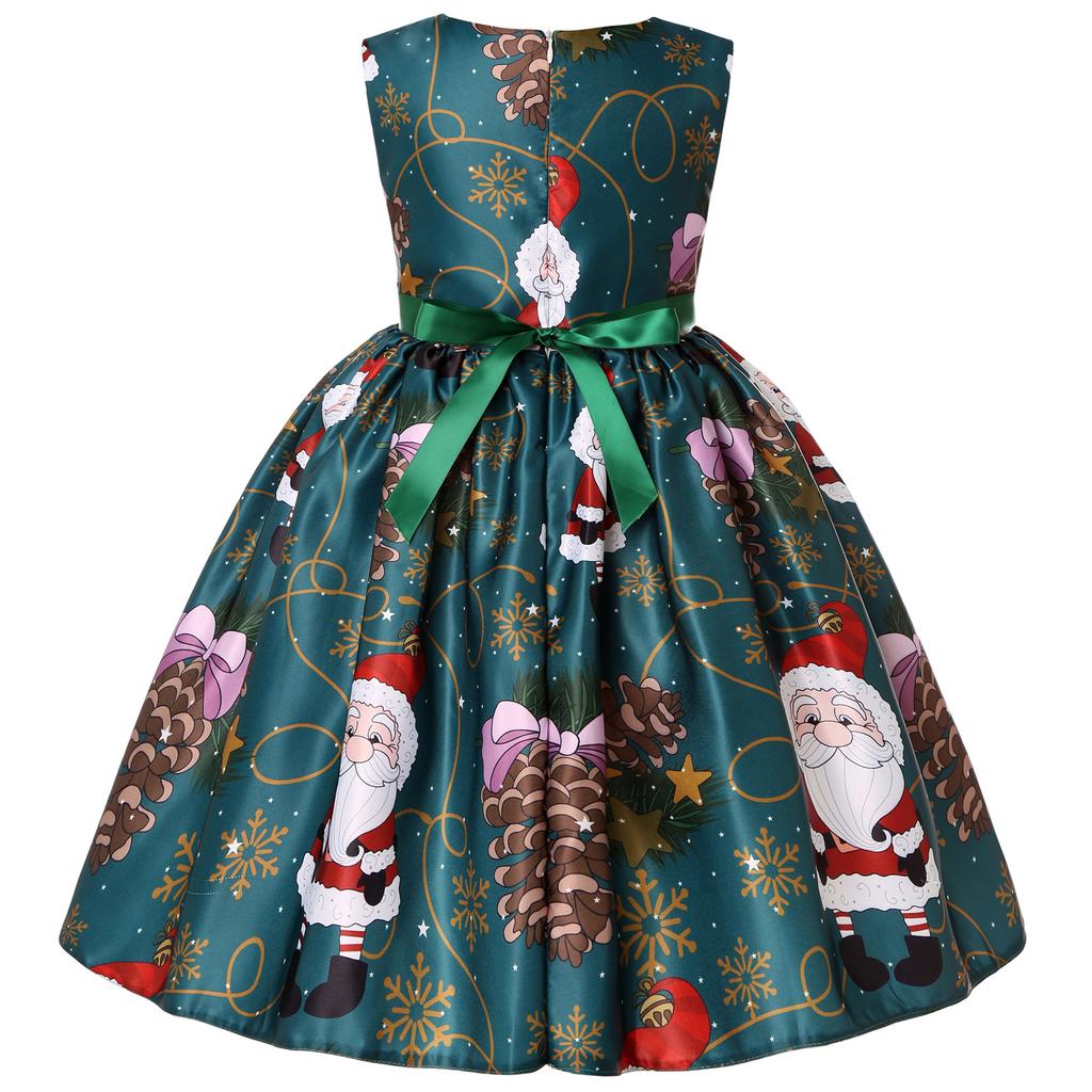 Children's Christmas Dress Cartoon Print Bow Dress Christmas Performance Sparkling Kids Birthday Dress Elegant Soft Party Dress Ball Gown for Girls