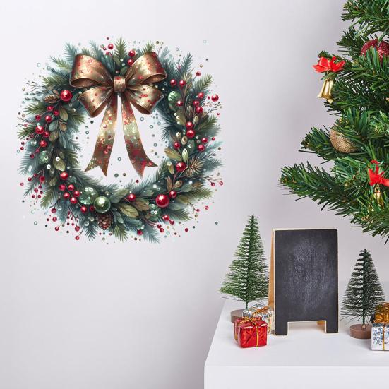 Christmas Wreath Stickers Removable Wall Decals Holiday Pine Cones Bow Wreath Patterns Stickers for Home Window Glass Door Decor
