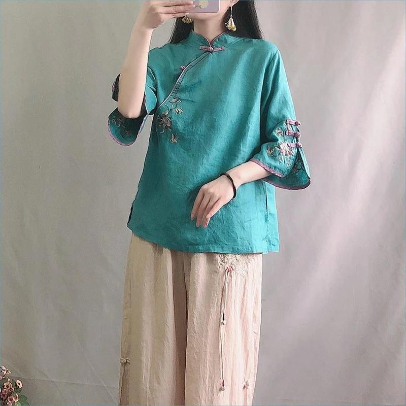 Spring Summer Retro Seven Quarter Ladies' Cotton Linen Shirt Blouse Chinese Traditional Women's Formal Top Ttang Costume Hanfu