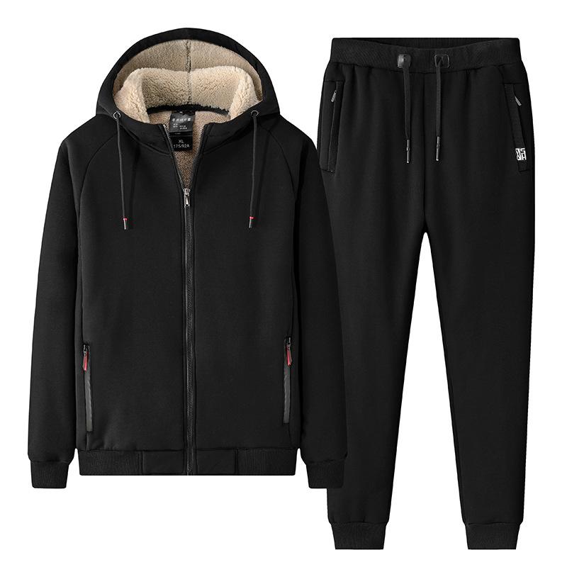 Tuta sportiva casual in pile di agnello autunno/inverno da uomo, taglia grande, con cappuccio termico spesso, in pile, set da due pezzi