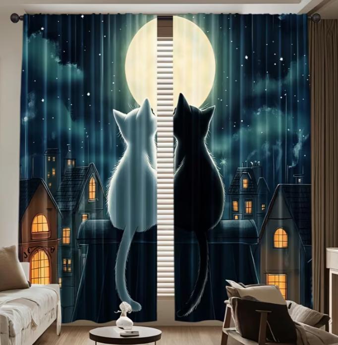 2pcs, Rustic Animal Cat Curtains, Decorate Window Rod Pocket Mount Printed Curtains Polyester Material, Suitable for Living Room